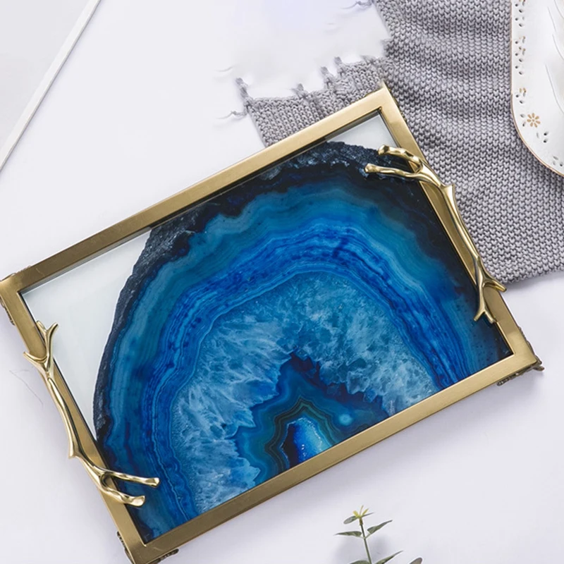 European Blue Agate Stone Pattern Rectangular Tray Decoration Home Living Room Coffee Table Storage Bed Decorations | Дом и сад