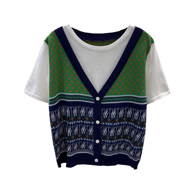 

Fake two-piece T-shirt women's summer loose short sleeve green ice silk sweater top