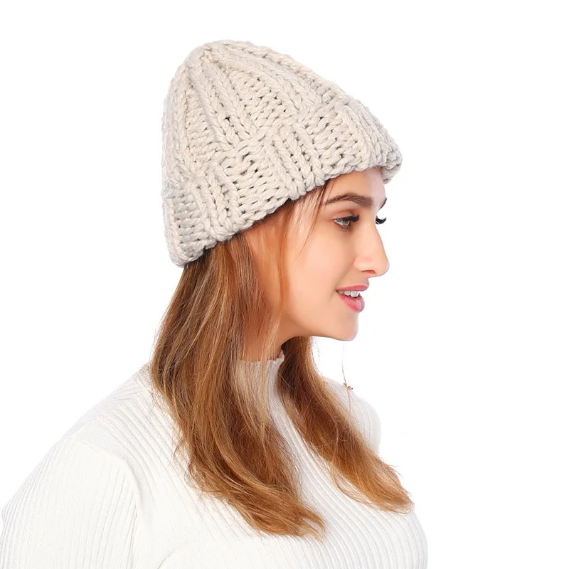 

New European Women's Knitted Cap Winter Warming Pure-color Curled Coarse Wool Cap Warming Girl's Fashion Cap Knitted Couple Hat