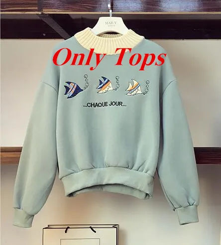 Only Tops Осенняя новая толстовка юбка Студенческие костюмы модные женские мультфильм вышивка в виде рыбы пуловеры с надписями Топы+ однотонная трикотажная юбка комплект - Цвет: Only Tops
