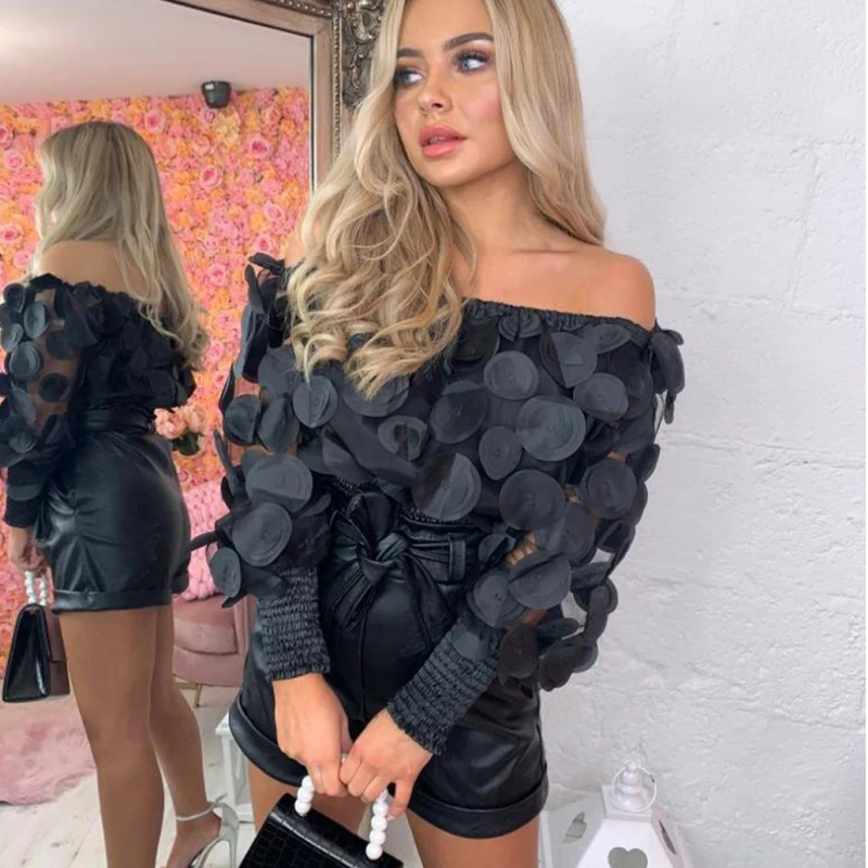 Блузка женская с открытыми плечами пикантный прозрачный топ пышными рукавами