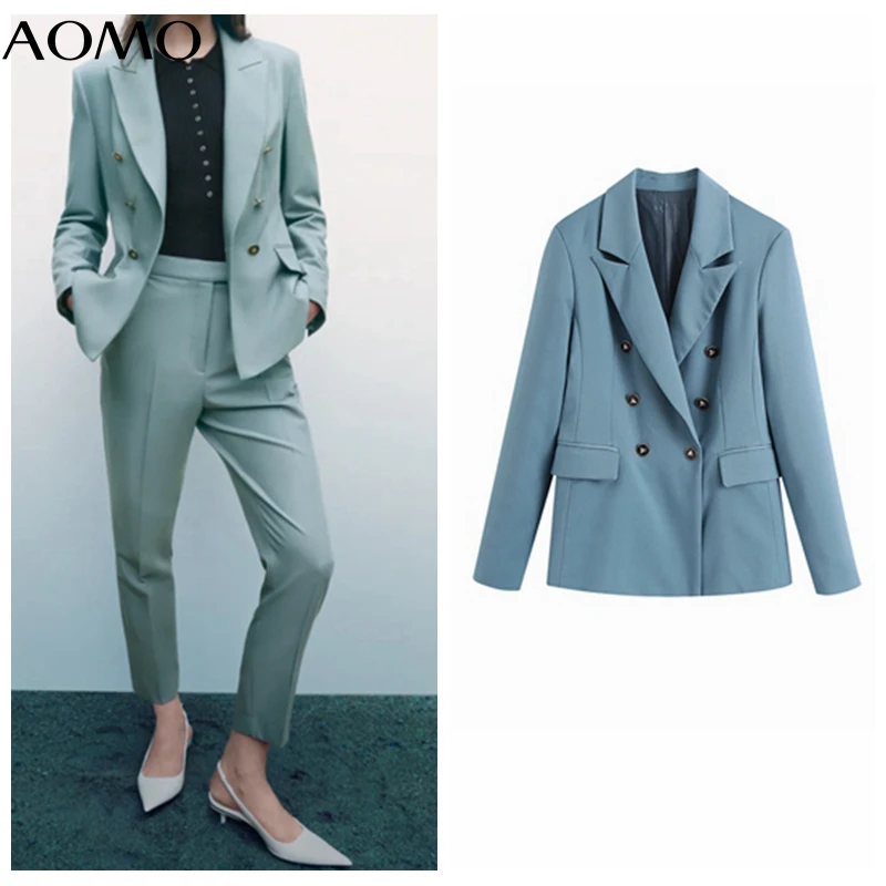 

AOMO Women 2021 Fashion Solid Blue Blazer Coat Vintage Double Breasted Long Sleeve Female Outerwear Chic Tops CE346A