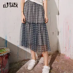 Elfsack синий плед контрастной сеткой Высокая Талия Повседневное Для женщин опрятный Миди-юбки 2020 летние ELF корейский женская ежедневная линия дно