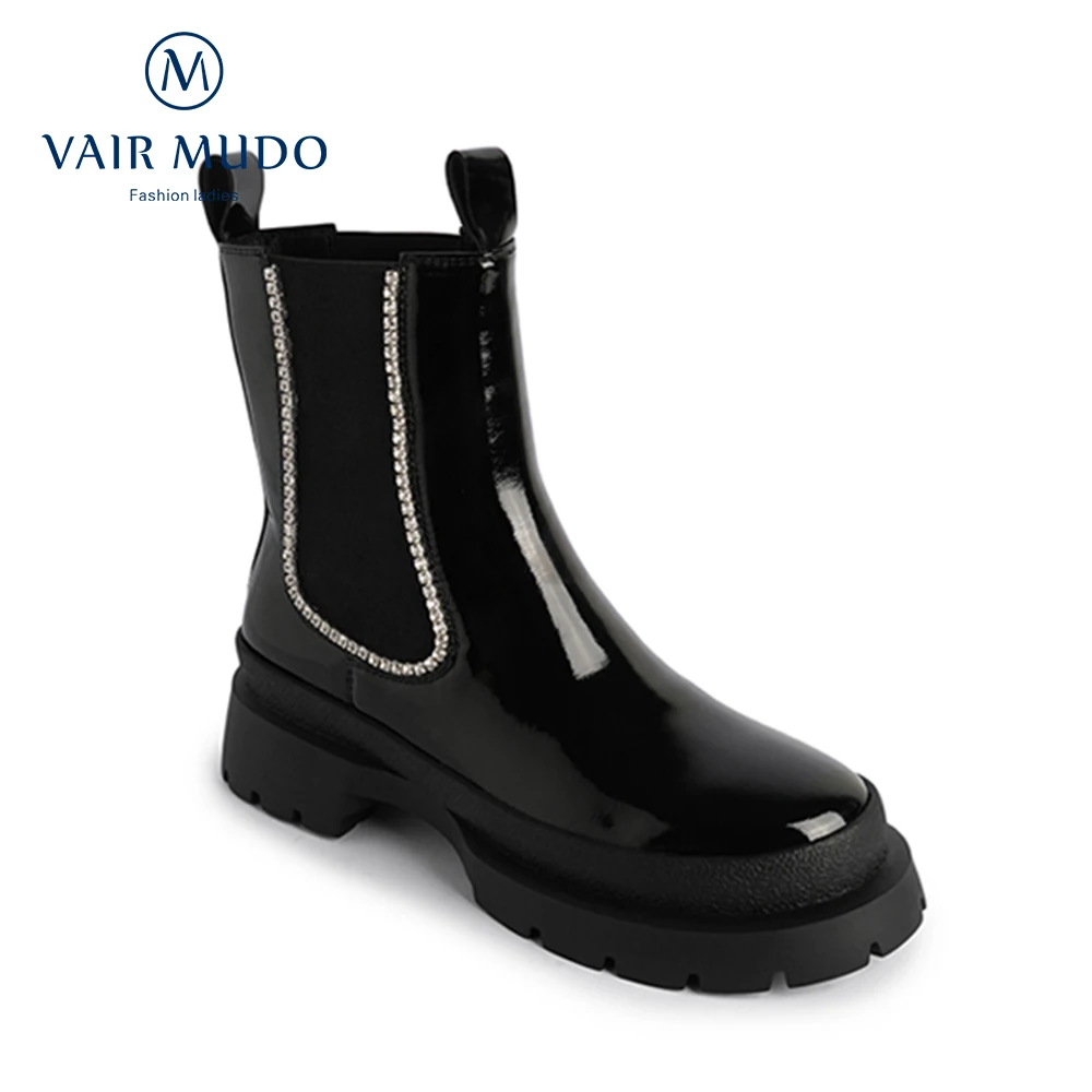 

VAIR MUDO Women Boots Shoes Ankle Round Toe Thick Bottom Platform Patent Leather Office Lady Slip On Black Women Winter DX163L