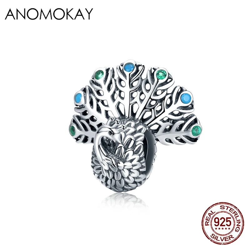 

Anomokay милый 3D Открытый Павлин S925 Серебряный Очаровательный браслет из стерлингового серебра 925 пробы цветной CZ Павлин бисер DIY ювелирные изд...