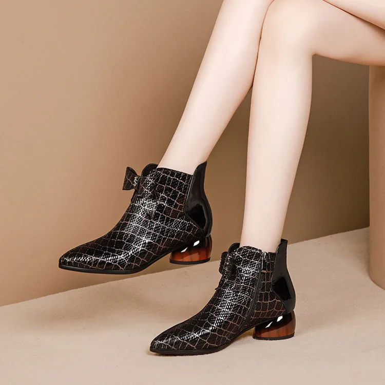 Женские ботильоны из овечьей кожи MLJUESE с острым носком в клетку зимние короткие