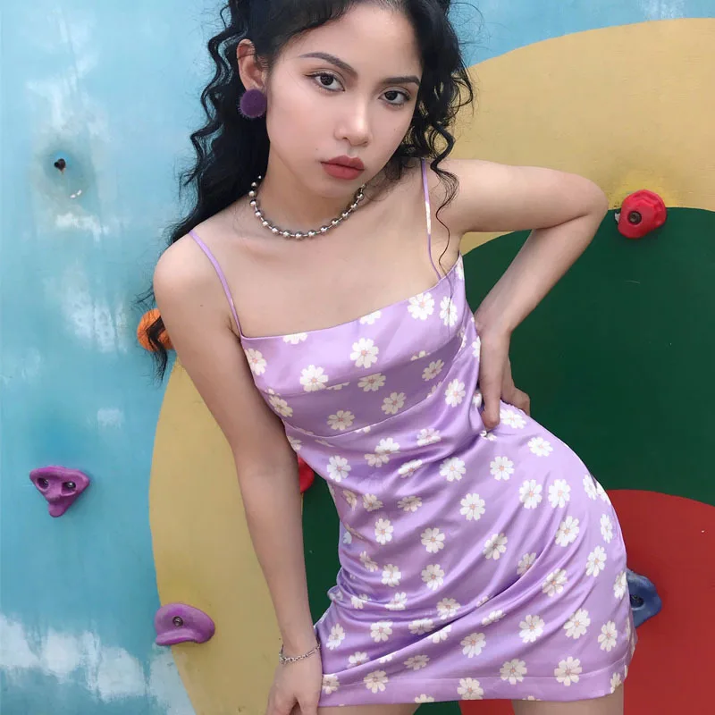 

Amazon popular Hip Wrap Dress sweet purple sling daisy print slim short dress