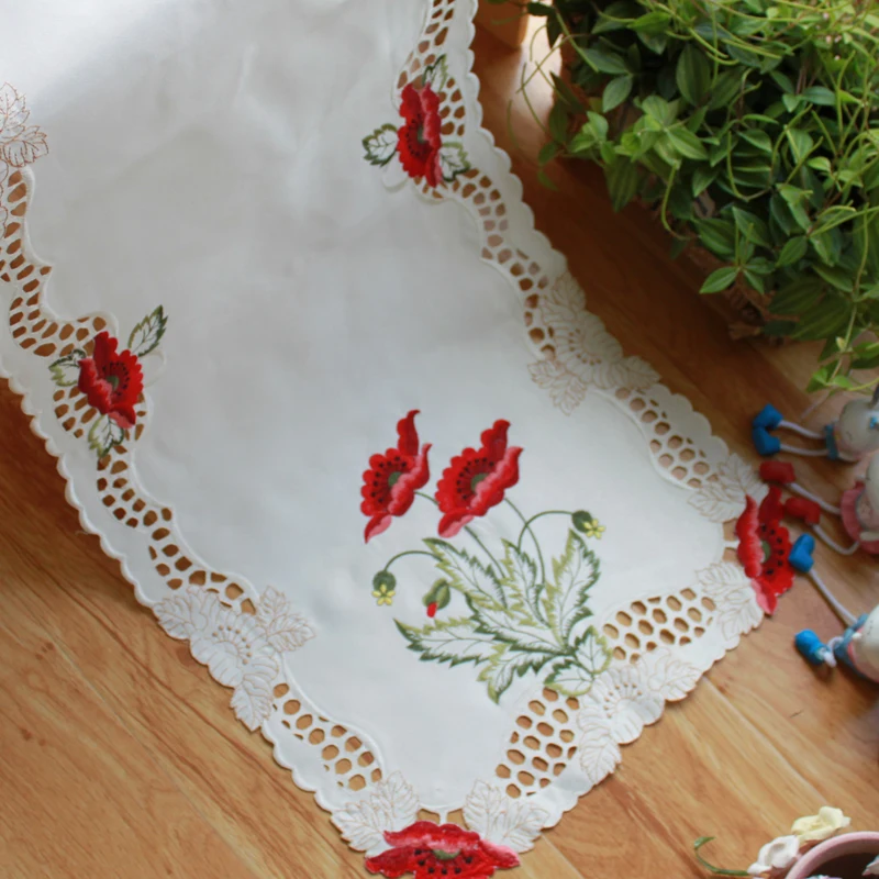 

2Size New Satin Embroidery Table Runner Cloth Cover Bed Runner Lace Tablecloth Placemat Mantel Kitchen Christmas Wedding Decor