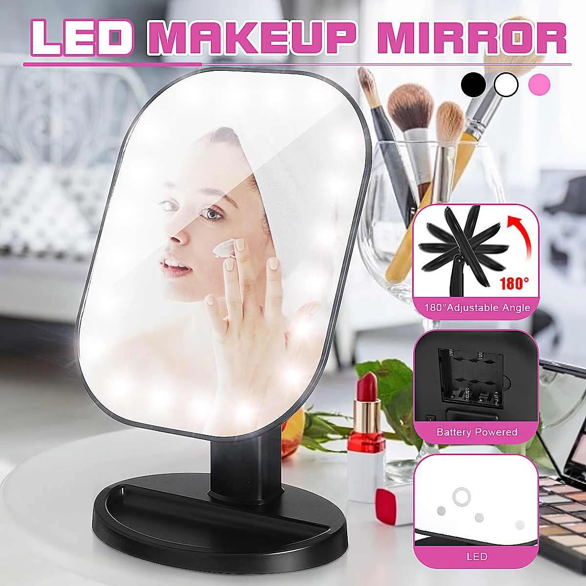 Зеркало для макияжа с аккумулятором 20 светодиодов Регулируемая лампа сенсорным