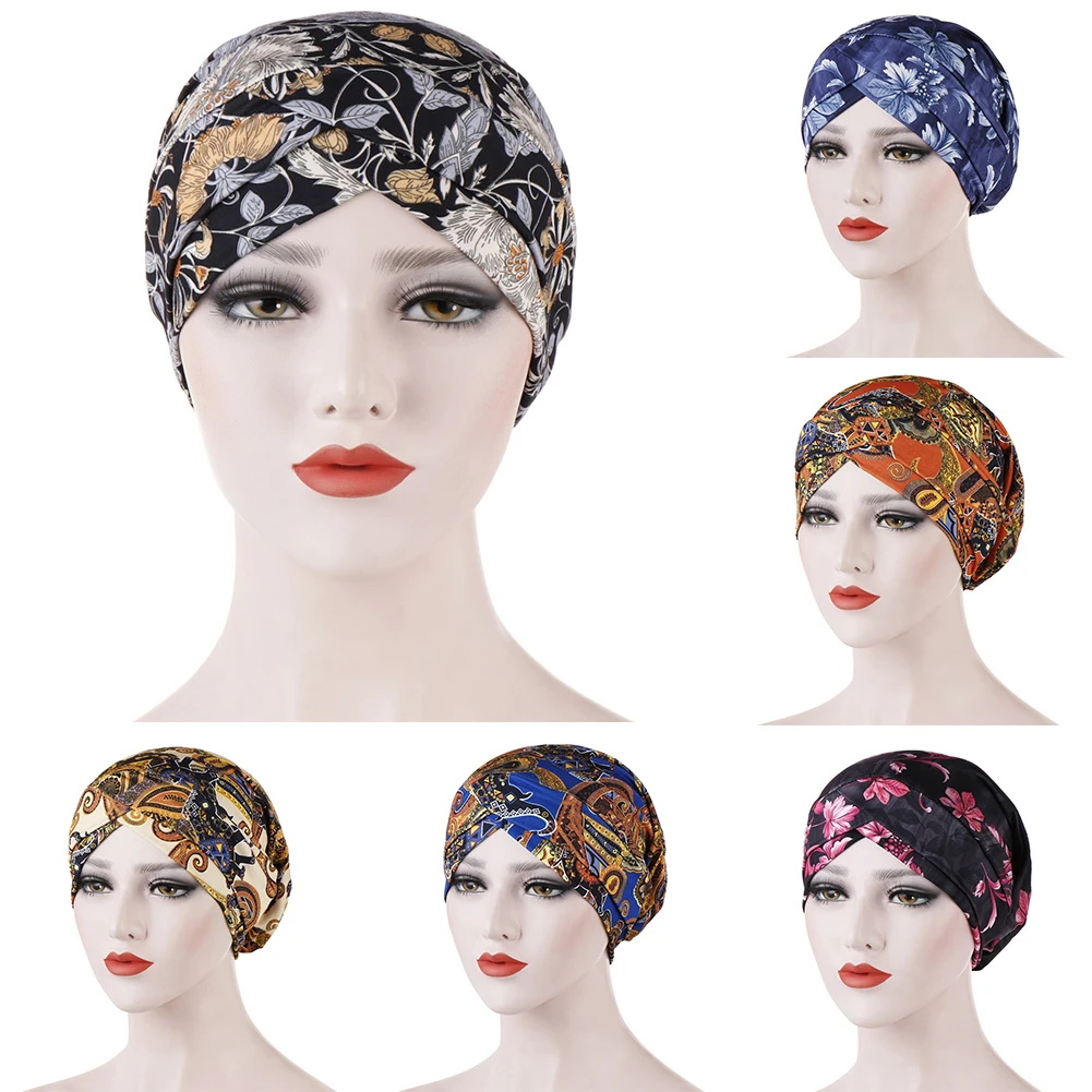 Цветочный принт спереди твист крест мусульманских женщин тюрбан шляпа Головной убор