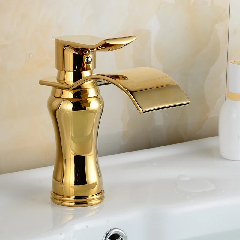 Золотистый смеситель Водопад с одной ручкой античный кухонный для раковины