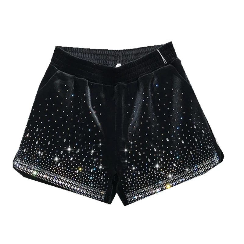 

autumn winter fashion gold velvet hot drilling elastic waist shorts women loose wide leg shorts