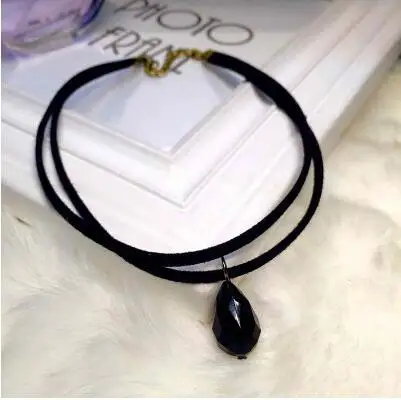 

2020 Double Layer Black Imitation Leather Rope Choker Necklace Gothic Punk Charm waterdrop Pendant NecklaceVintage Jewelry Women