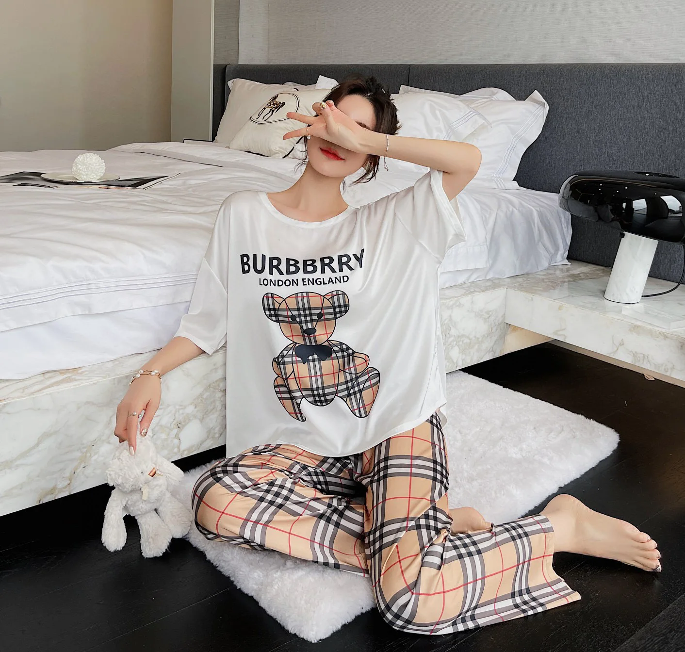 

Summer Pajama Set Women Cute Nuisette Simple Tenue Sexy Short Sleeved Trousers Two Piece Set Women Pajamas Home Service Suit