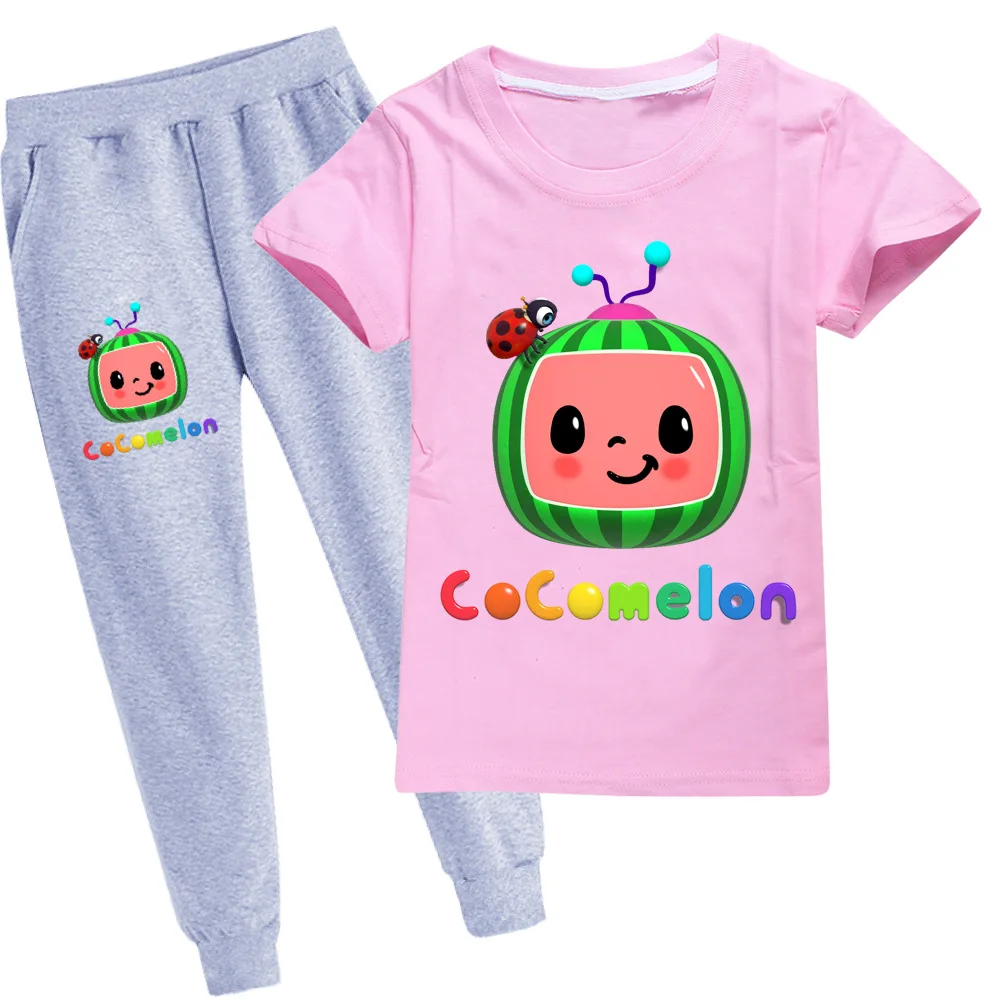 

2021 Kids Cocomelon Costume Girls Boys Birthday Clothing Short Sleeve Tshirt Trousers Set Children Sport Suits Tops +Pants