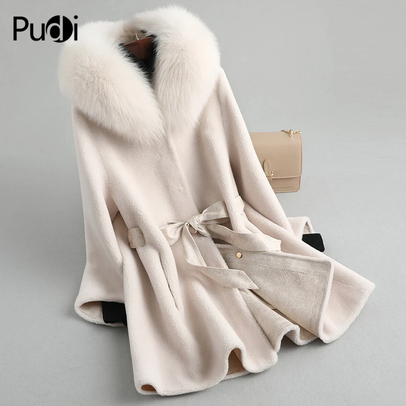 

Pudi Women Real Wool Fur Coat Jacket Winter Warm Female Real Sheep Shearing Over Size Parka With Real Fox Fur Collar A19026