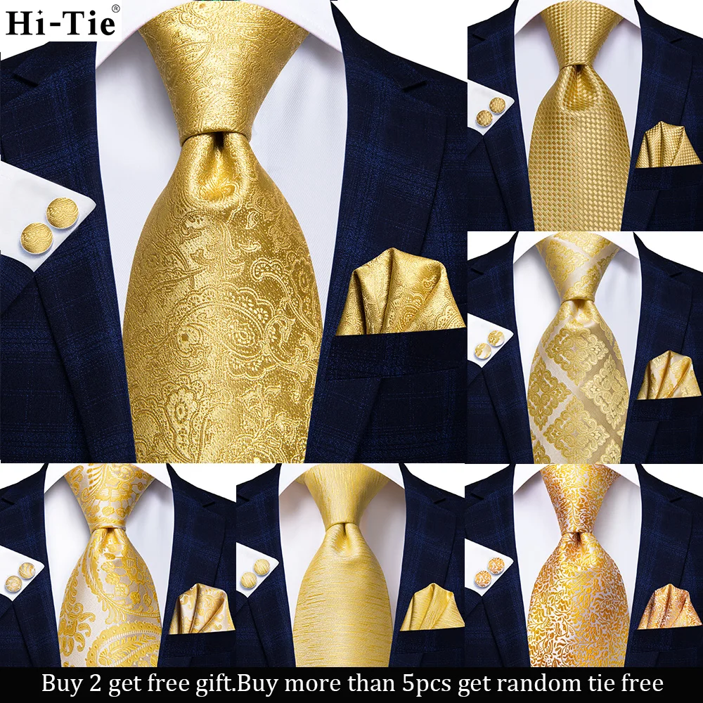 

Hi-Tie Silk Wedding Ties For Men Yellow Paisley Hanky Cufflink Gift Mens Necktie Gravata Set Business Dropshipping New Designer
