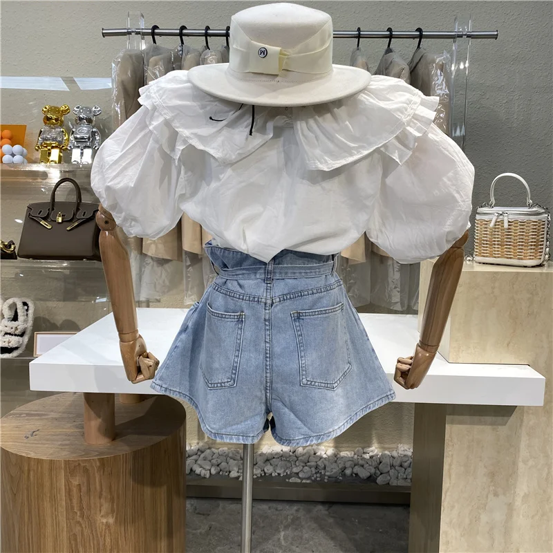 

Wide Leg Bow Belt Women Denim Shorts High Waist Summer Skirt Shorts