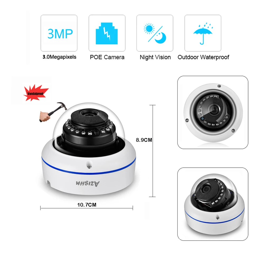 IP-камера AZISHN HD 3 Мп CCTV 48 в POE вандальная Антивандальная Металлическая наружная