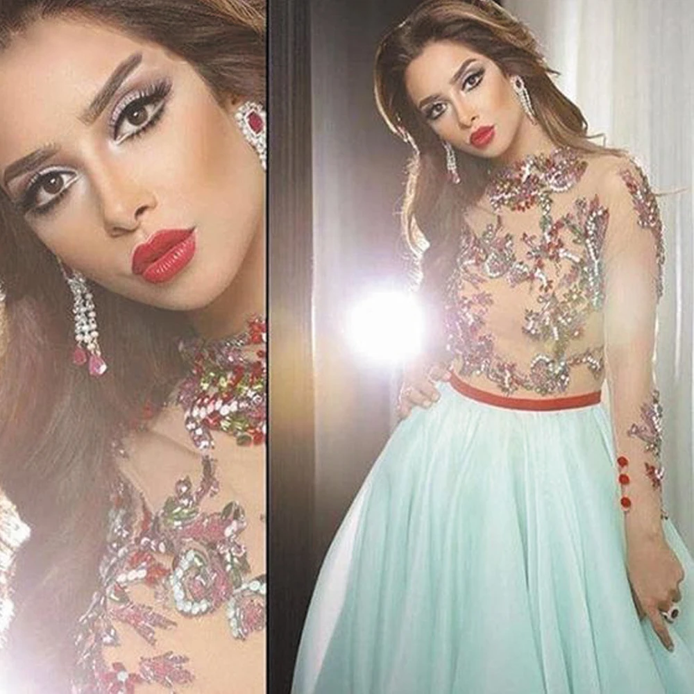 

SuperKimJo Robes De Cocktail Light Blue Lace Applique Prom Dresses 2020 Long Sleeve Sparkly Sequin Elegant Prom Gown 2021