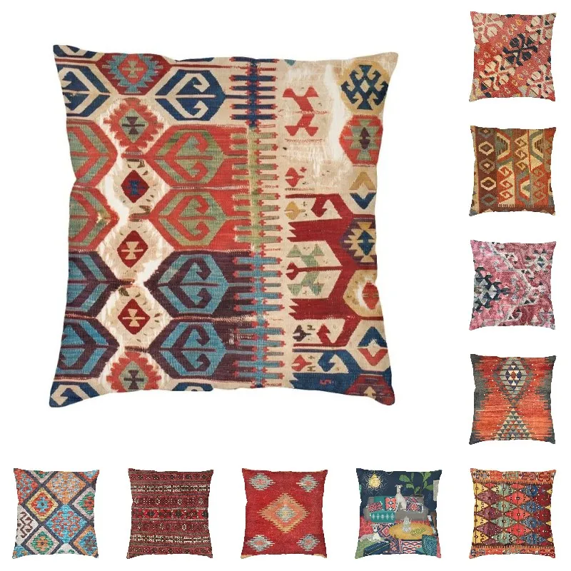 Aksaray Tribal Antique Turkish Kilim Print Cushion Covers 40x40 Polyester Vintage Bohemian Ethnic Art Throw Pillow Pillowcase