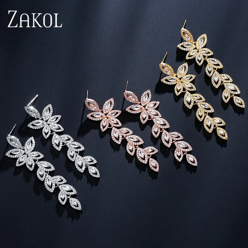 ZAKOL модные циркониевые свадебные длинные висячие серьги с кристаллами для женщин