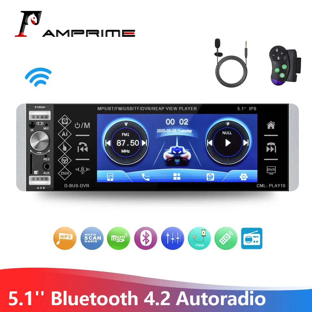 

Автомагнитола AMPrime 1Din с поддержкой Bluetooth, 5,1 дюйма, MP5