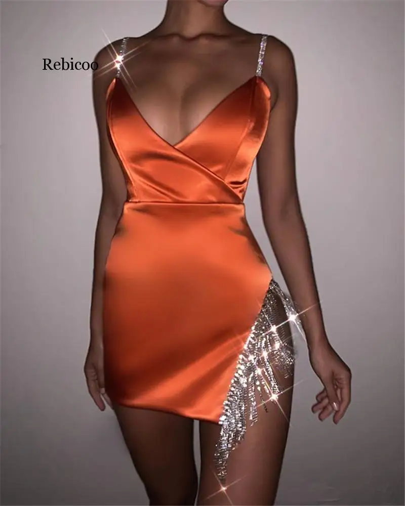 

Satin Sexy Women Tassel Party Dress Sleeveless Side Split Bodycon Dress For Women Summer Dress Elegant Diamond Vestidos