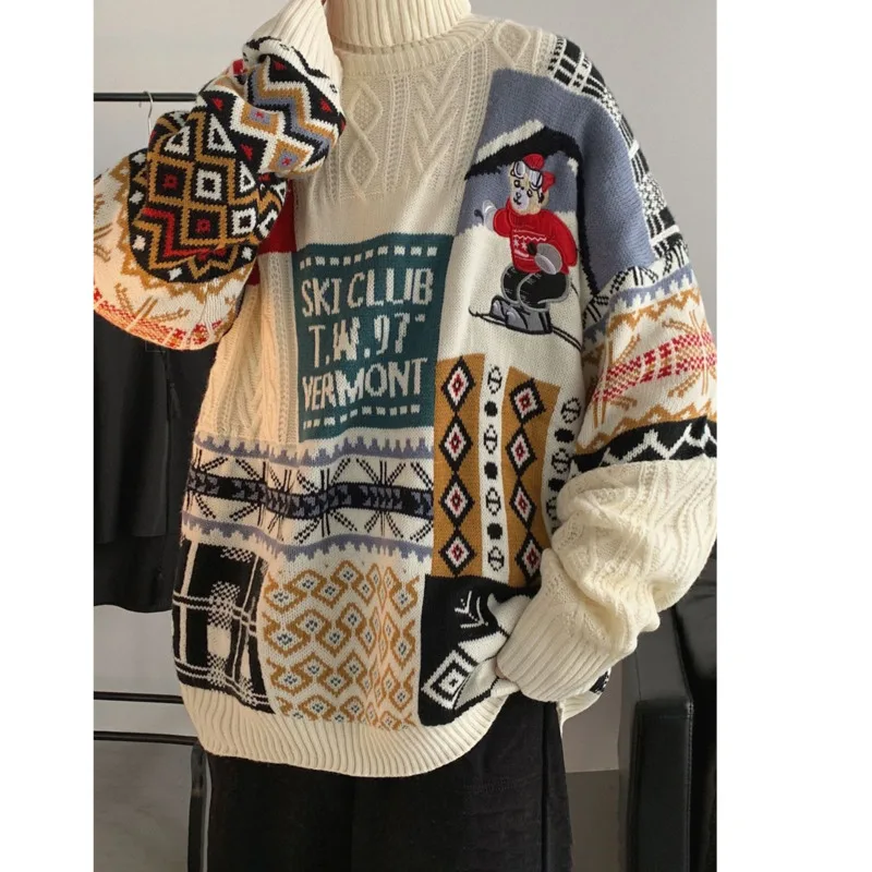 

Men's sweater 2021 spring and winter new pine turtleneck cartoon printed knitted sweater loose casual young men's clothing