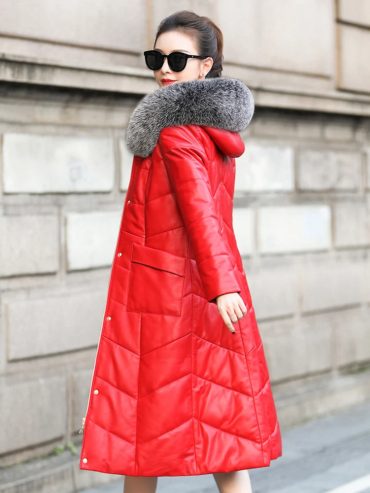 

Женский Длинный кожаный пуховик, приталенная куртка с ремнем из овечьей шерсти и воротником из лисьего меха, кожаная куртка большого размер...