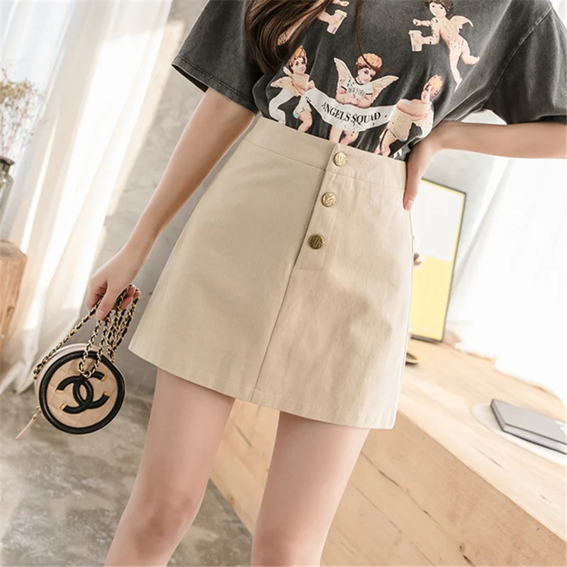 

Короткая юбка-мини, черная, с металлическими пуговицами, с высокой талией, повседневная, из хлопка, для весны, 2020