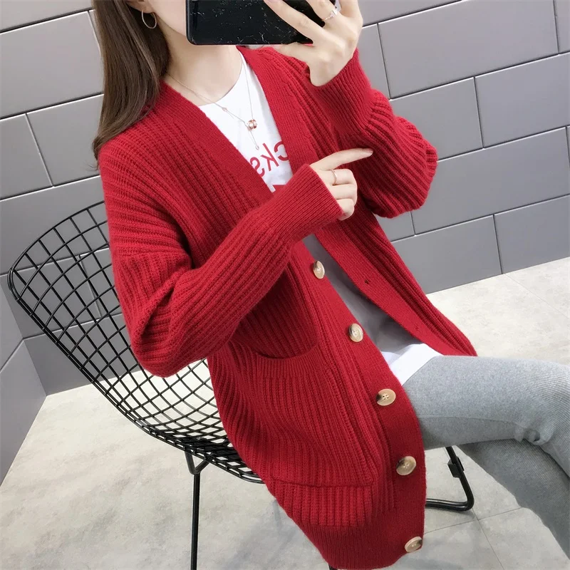 Женский однотонный кардиган с V образным вырезом однобортный трикотажный