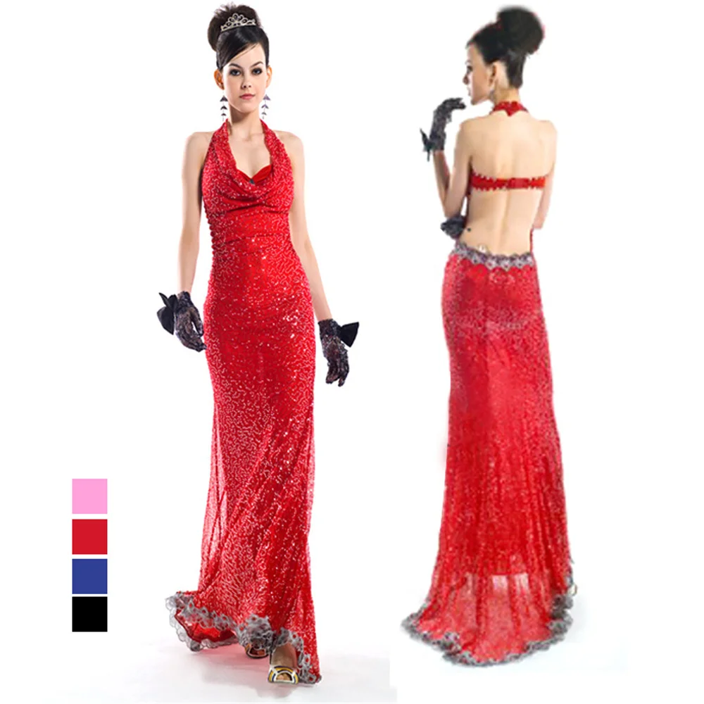 Halter Neck Red Sequined Atmospheric Long Trailing Evening Dress Women Women Trumpet Dress Sexy Stage Costumes