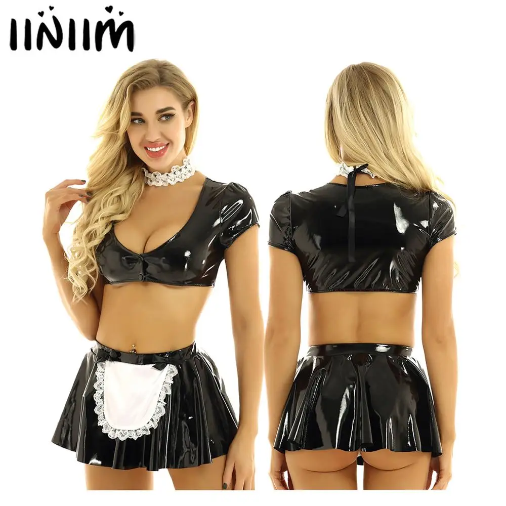 

Womens Ladies Wetlook Clubwear Cocktail Party Leather Latex French Maid Dress Cosplay Costumes Crop Top with Flared Mini Skirt