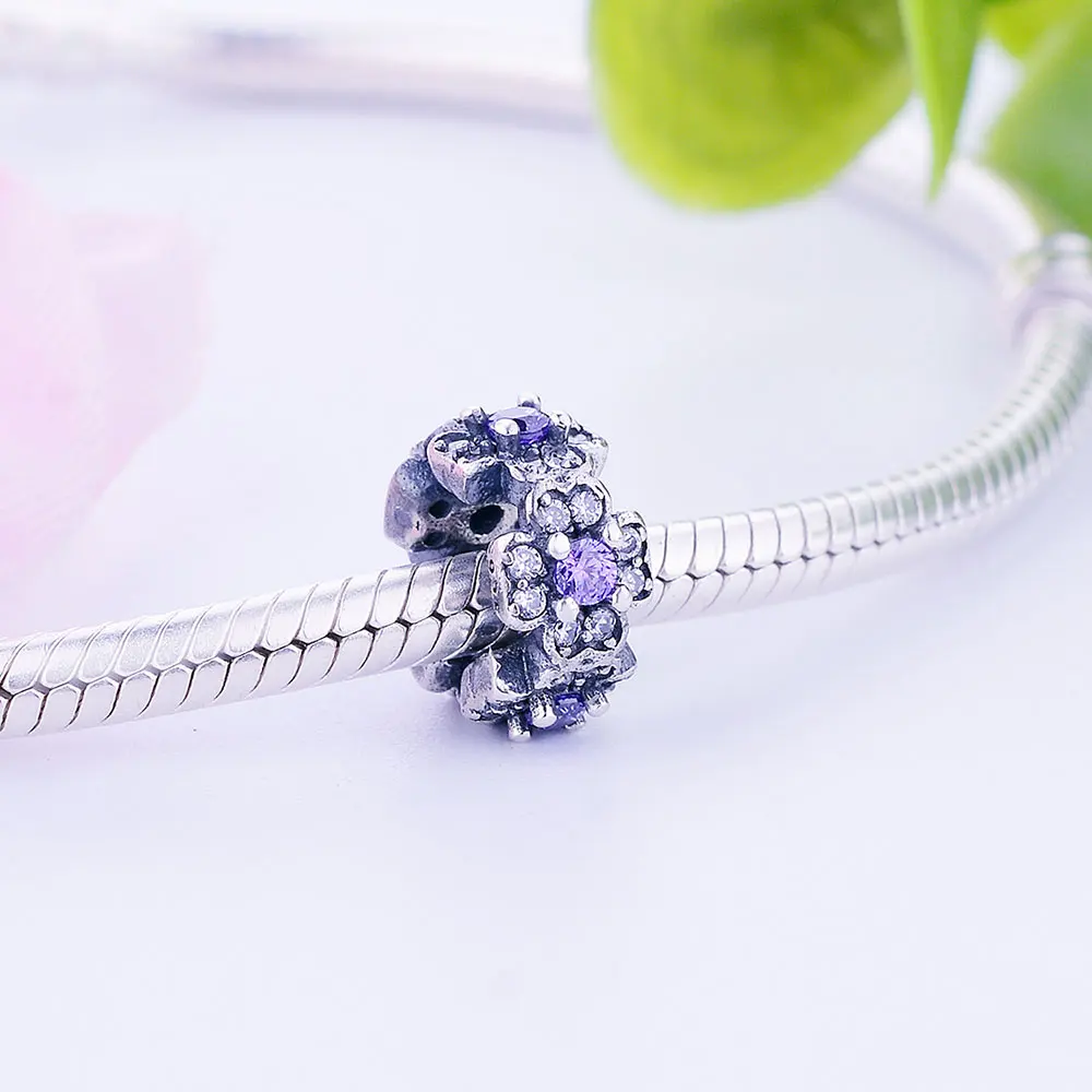 Настоящее серебро 925 пробы фиолетовый прозрачный циркон цветок разделитель шарм