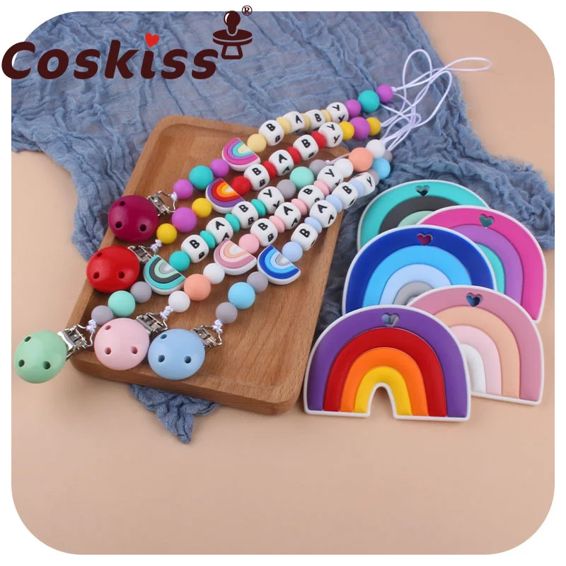 Coskiss-mordedor arco&iacute;ris de silicona, cadena de chupete, regalo para Baby Shower, collar de silicona para dentici&oacute;n, sin BPA-0