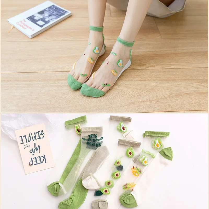 

5 Pairs of 5 Colors Summer New Style Avocado Thin Boat Socks Japanese Glass Silk Ladies Short Socks Breathable Cute Candy Green