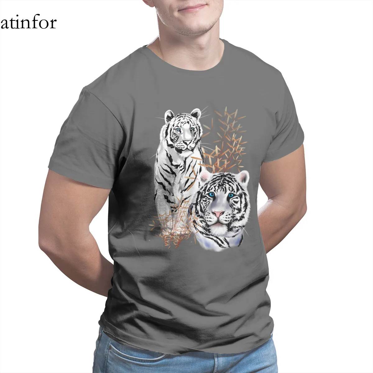 

White Tigers Shirts 100% Cotton Couples Matching Short Sleeve Tops Round Collar Men Clothing 17550