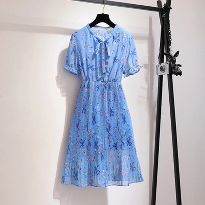

Plus Size Summer Chiffon High Waist Dress Printed Floral Elegant Fashion Short Sleeve Bow Collar Midi Vestidos Robe Femme