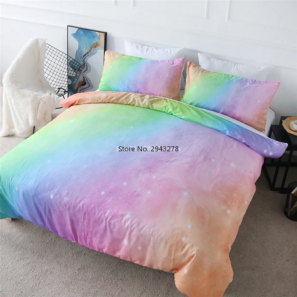 

3D Rainbow Printed Bedding Set Girly Colorful Pastel Colors Realistic Duvet Cover 2/3 PCS Kids Bedspreads Custom Bed Comforters