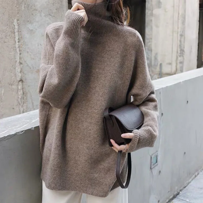 

Turtleneck Cashmere Sweater Woman Fashion Loose Thick Warm Pullover Tops 2021 Winter Solid Jumper Female Knitted Wool Sweaters