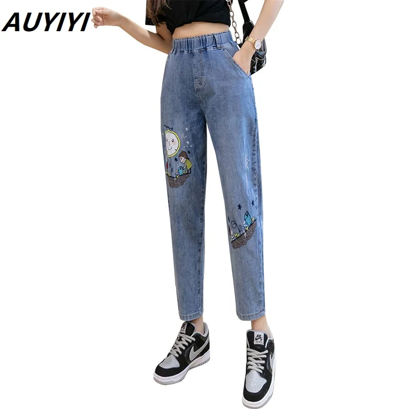 

AUYIYI Radish Harlan Jeans Women's Fall 2021 Light Color Fashion Ethnic Style Embroidered Elastic Waist Leg Pants