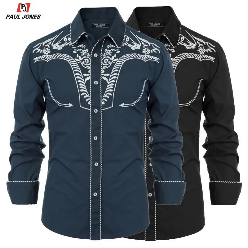 Мужская Повседневная рубашка с вышивкой PAUL JONES длинным рукавом на пуговицах