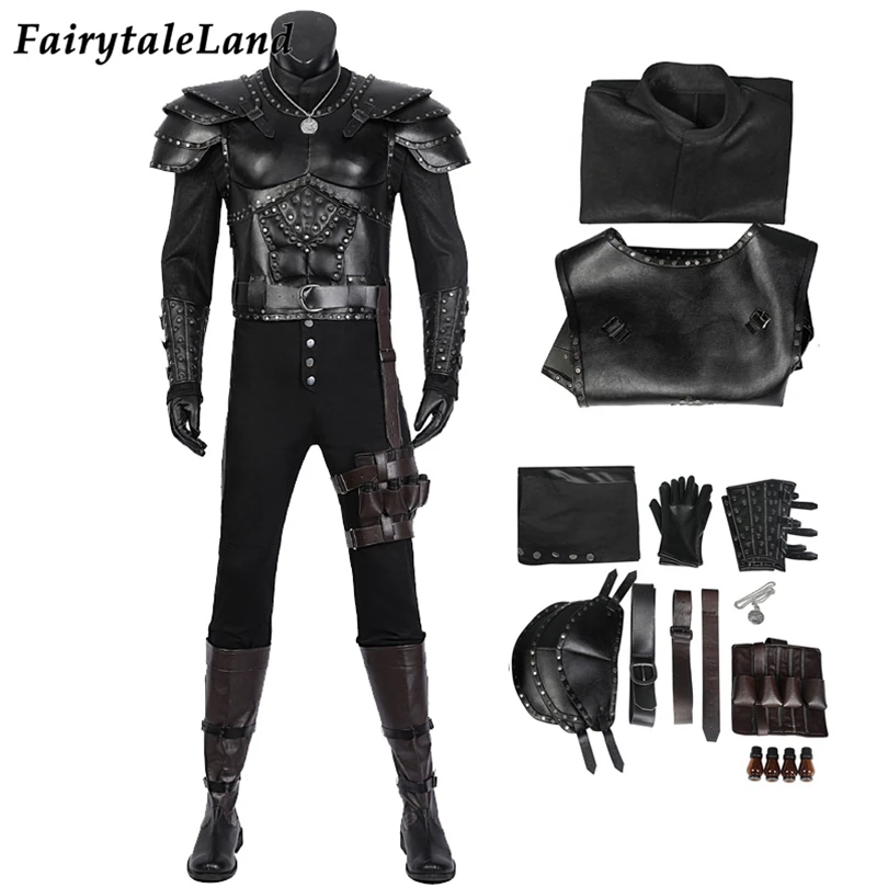 

Halloween Carnival Witch Geralt Costume Superhero Wizard Hunter Armor Outfit Black Faux Leather Rivet Battle Suit
