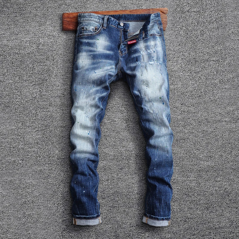

Европейские винтажные модные мужские джинсы, синие эластичные узкие рваные джинсы в стиле ретро, мужские дизайнерские брюки в стиле хип-хоп...