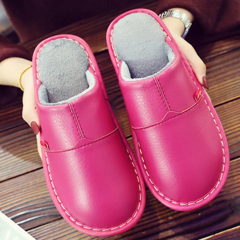 Plus size 45/46 Unisex home slippers women winter leather shoes microfiber high quelity female house slippers short plush shoes - Цвет: Rose