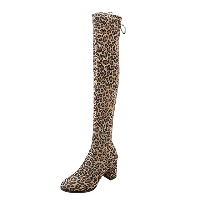 Leopard low heel Пикантные Сапоги выше колена женские сапоги г. Популярная женская обувь сапоги до колена на платформе и высоком каблуке женские зимние сапоги размера плюс 35-47 - Цвет: Leopard low heel