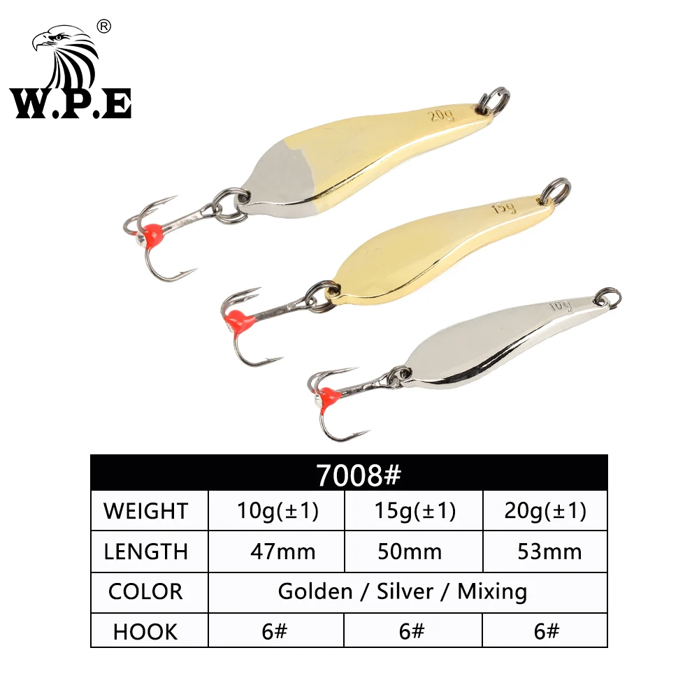 W.P.E Ice Fishing Lure 1pcs 5g/10g/15g/20g Hard Fishing Lure Treble Hook 8#/10#/12# Metal Spoon Lure Balancers Wobbler Pesca