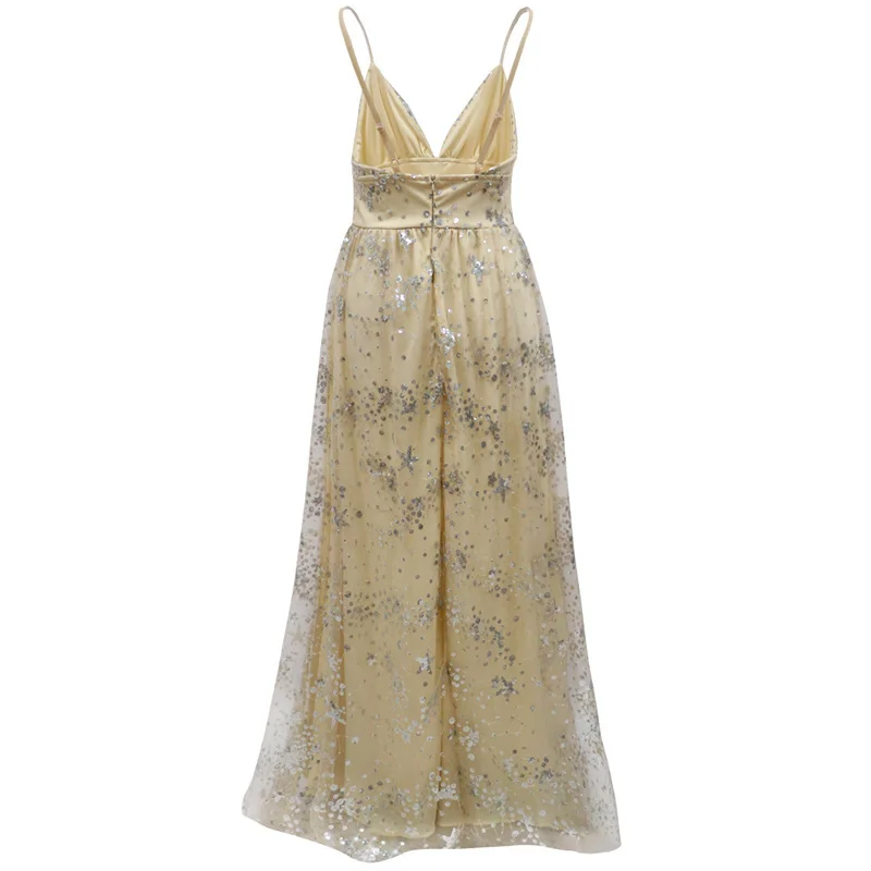 

Long Party Dresses Women's Sexy Sequins Spaghetti Strap V-Neck Backless High Split Maxi Dress vestidos