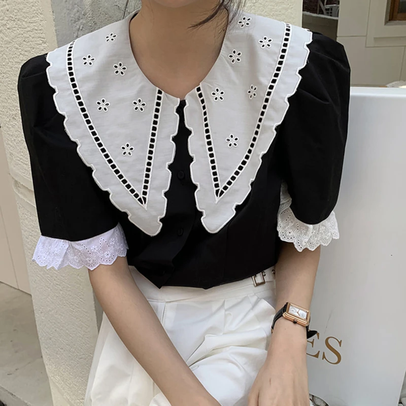 Женская блузка с круглым вырезом коротким рукавом и буффами | одежда